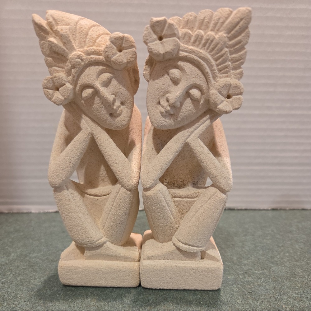 Set of 2, 6" Hand Carved Limestone Sculpture Statues Home Decor Artwork Stone